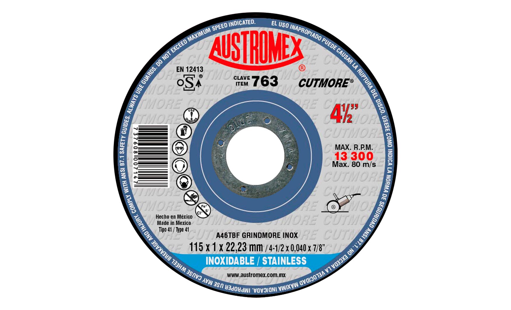 A1DCONFE763 - Disco De Corte Austromex 763 De 4-1/2 X 3/64 X 7/8 - AUSTROMEX