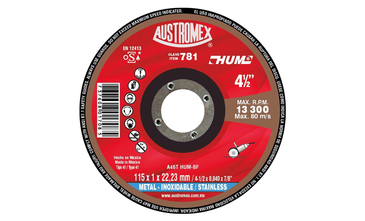 AUS781 - Disco Corte Acero Inox De 4-1/2 X 0.040 X 7/8 Austromex 781 - AUSTROMEX