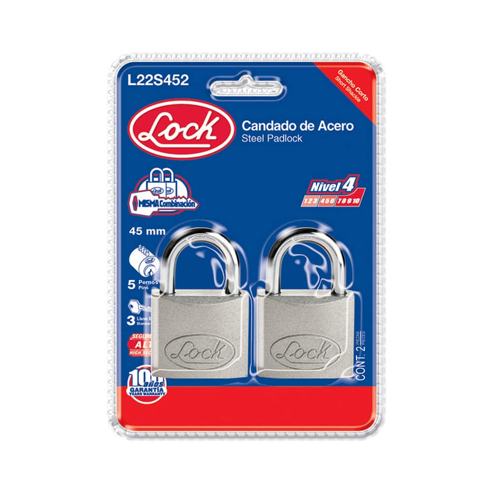 HC74871 - Juego De 2 Candados Cortos De Acero Estandar 45MM Lock L22S452 - LOCK